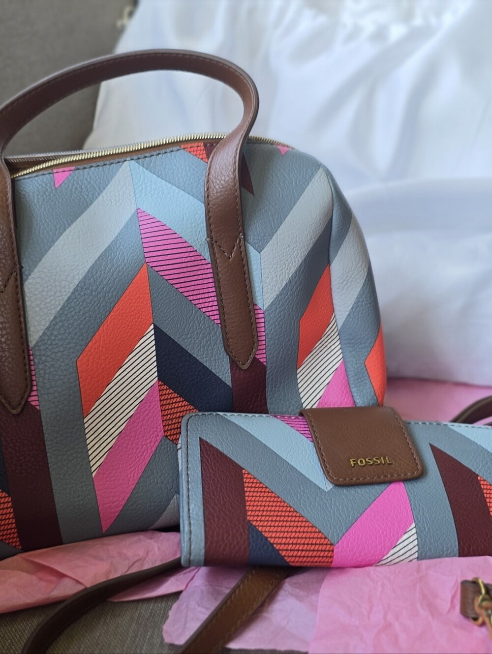 Fossil Brown Tote with Pink, Blue and Cream Geometric Panels